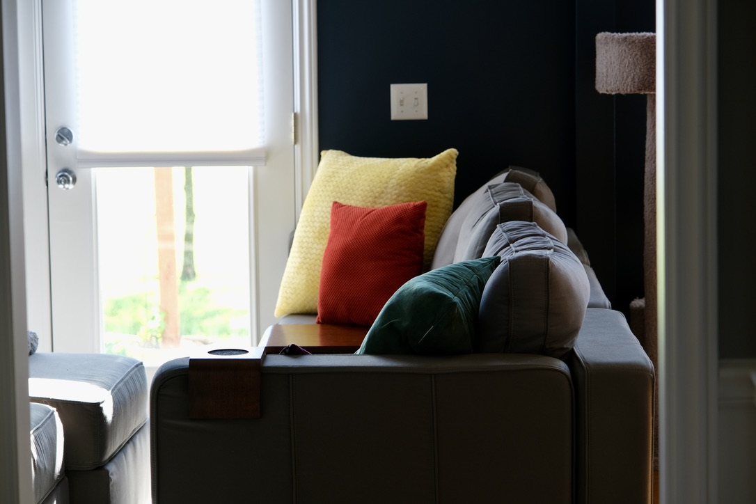 Couch and throw pillows in our living room